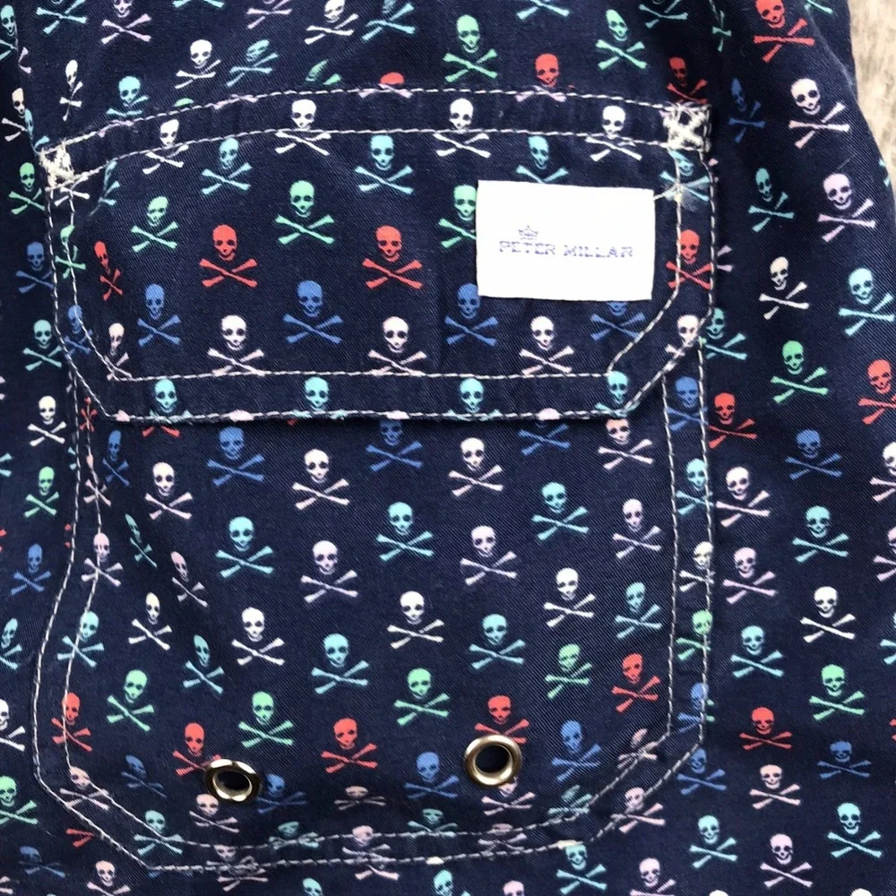 Peter Millar Sea Pirates Swim Trunks Mens L Navy Crossbones 7